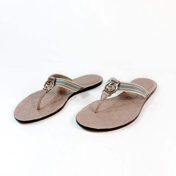 Gucci Shoes - GUCCI Nude Web Stripe GG Sandal 37.5 Flat Flip Flop Leather Guccissima Embossed